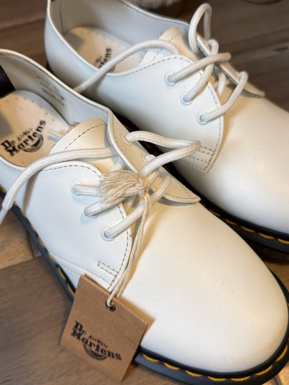 Dr. Martens White Leather Lace-Up Oxford Boots with Yellow Stitching